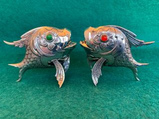 Decorative Marked Spanish Sterling Silver Fish Salt & Pepper Shakers.