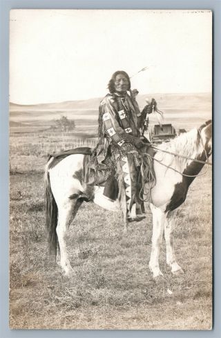 American Indian Chief White Bull On Horse Antique Real Photo Postcard Rppc
