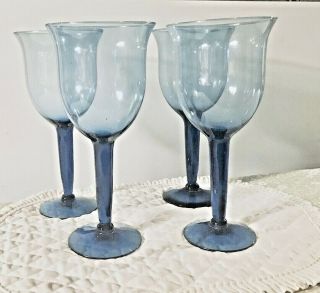 Set 4 Large Blue Tulip Stemmed Water Goblets Tea Glasses 10 " Tall 16 Oz Vintage