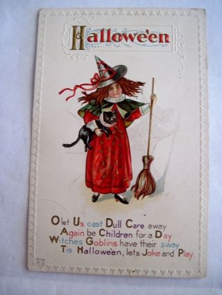 Halloween Vintage Postcard W/ Witch,  Broom And Black Cat