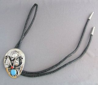Vintage Old Pawn Nickle Silver Bear Turquoise Coral Black Leather Bolo Tie