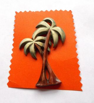 Vintage Art Deco Green & Brown Celluloid Tropical Palm Trees Brooch