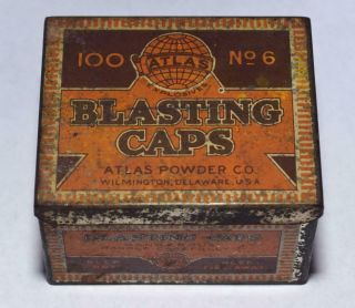 Vtg.  Empty Atlas Powder Co.  Dynamite Blasting Caps No.  6 Tin Box