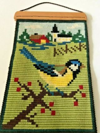 Swedish Vintage Embroidered Wool Tapestry,  Blue Tit Bird On Branch