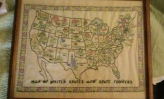 Folk Art - Vintage Paragon 48 U.  S.  Flower Map Embroidered Sampler.  Great Cond
