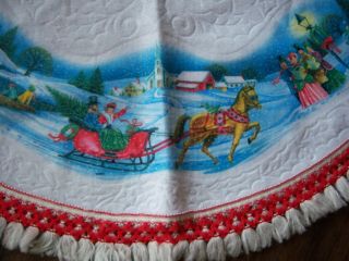 Vintage Holiday Tree Skirt Old Fashioned Village Life W Fringe Quilted Charming