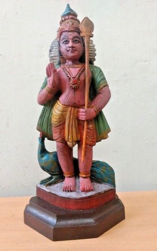Kartikeya Murugan Hindu God Vintage Sculpture Wooden Statue Puja Murti Idol Rare