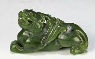 Old Chinese Spinach Jade Carving Of Recumbent Lion