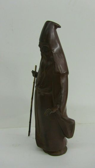 Early Antique Chinese Bronze Scholar,  Wizard Figure.  13 " Tall,  Bamboo Staff