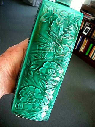 Vintage Japanese Emerald Green Porcelain Vase With Embossed Floral/bird Patterns