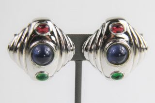 Estate Vintage Jewelry Ciner Silver Square Moghul Cabochon Clip Earrings