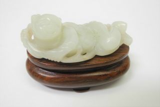 Antique Chinese Carved White Jade 2 " Figure On Wood Stand