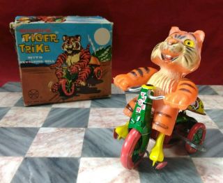 Vintage 1966 Louis Marx Mechanical Wind Up Tiger Trike Tin Litho & Box