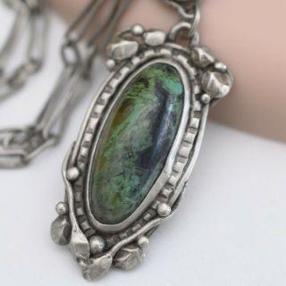 Vtg Antique Arts & Crafts Sterling Silver Turquoise Agate Pendant Necklace