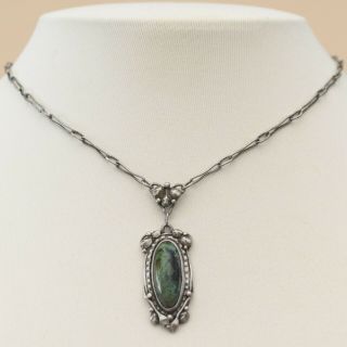 Vtg Antique Arts & Crafts Sterling Silver Turquoise Agate Pendant Necklace 2