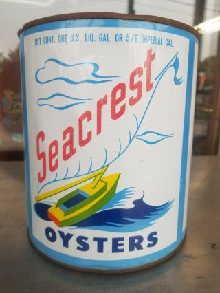 Vtg Seacrest Brand One Gallon Advertising Oyster Tin Can Nanticoke Md Sailboats