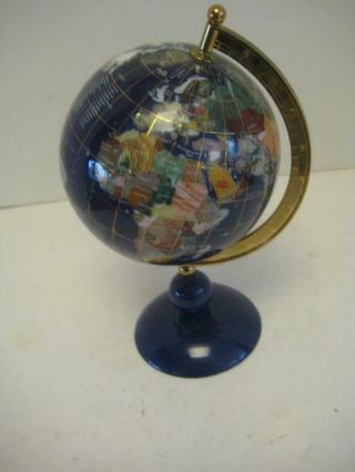 World Globe Inlaid Precious Gleaming Gem Stone On Brass Stand Ln