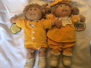 Cabbage Patch Twins 1984 Boy And Girl Dolls In Gold Velvety Outfits Vtg