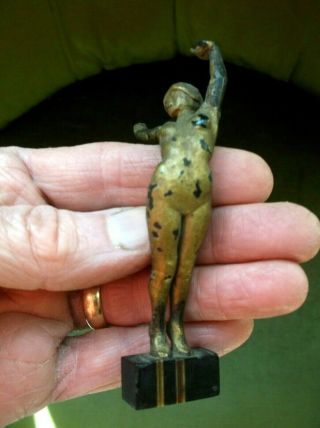 Unusual Antique Art Deco Miniature Hand Carved Wooden Gilded Nude Lady On Plinth