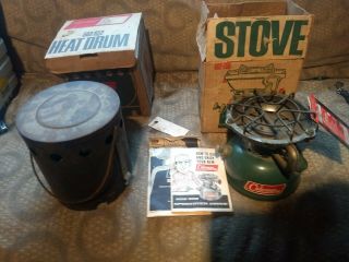 Vintage Coleman Sportster Single Burner Camp Stove 502 700 & Heat Drum W Boxes