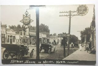 Vintage Real Photo Postcard Neligh,  Nebraska Street Scene,  Signs Cars Unposted