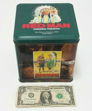 Red Man Chewing Tobacco Vintage Metal Tin - 1990 The Flavor Of America Indian