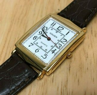 Vintage Gruen Men Gold Tone White Rectangle Analog Quartz Watch Hour Battery