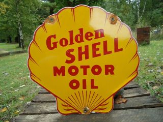 Old Vintage Golden Shell Motor Oil Porcelain Enamel Gas Pump Sign Die Cut