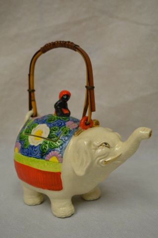 Rare Antique Japan Japanese " Banko Ware " Sumidagawa Pottery Teapot Man&elepahant