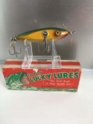Vintage Paw Paw Wood Injured Minnow In Red Lucky Lures Box Neat
