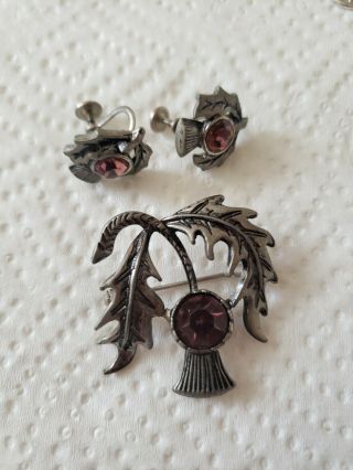 Vintage Scottish Jewellery Celtic Amethyst Agate Silver Thistle Kilt Brooch Pin