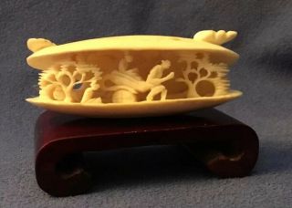 Vintage Early 20th Century Chinese Carved Bovine Bone Sculpture With Wood Base