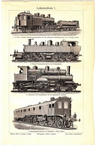 Ca 1890 Old Railroad Locomotives Antique Engraving Lithograph Print