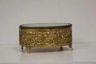 Vintage Gold Filigree Beveled Glass Jewelry Box Hollywood Regency Bird Vanity