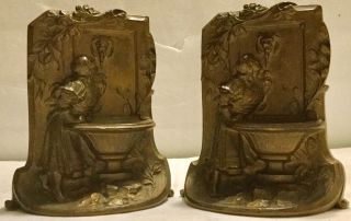 Antique Solid Bronze Art Deco Era Girl At The Lion Fountain Bookends