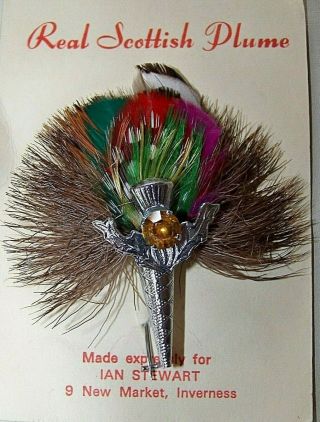 Vintage Scottish Real Red Deer Fur Grouse Feather Plume Hunting Brooch Plaid Pin
