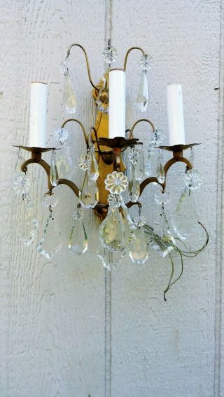Antique 3 Light Brass And Crystal Prism French Style Electric Wall Sconce