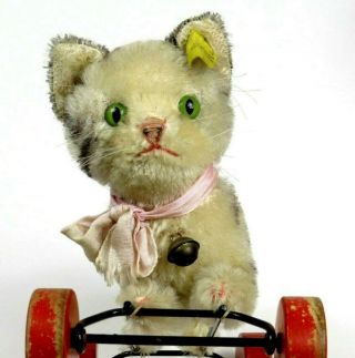 Antique Steiff Tabby Cat On Wood Wheels Rolling Pull Toy Rare Kitty