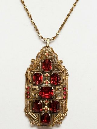 Large Vintage Antique Art Deco Chinoiserie Red Paste Rhinestone Pendant Necklace