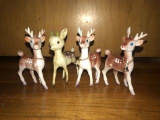 4 Vtg Soft Plastic Bambi Deer Christmas Reindeer Tan 3 Hongkong 1 China Bell