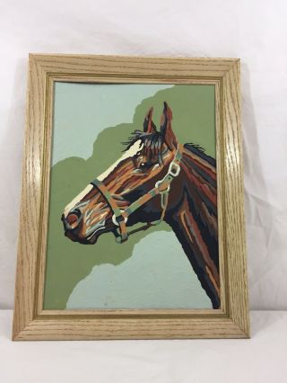 Vtg Framed Paint By Number 15” Wide X 19” High Horse Mid Century Blue Green
