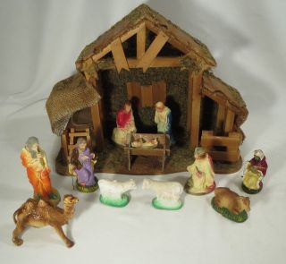 Christmas Nativity Stable Creche 15 " X 11 " Vintage Moss Burlap Wood Chalk Figure