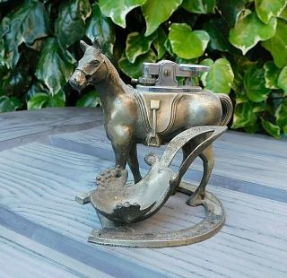 Vintage Themed Table Top Metal Horse Lighter & Pipe Rest