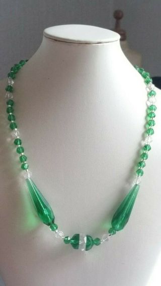 Czech Vintage Art Deco Green And Clear Faceted Glass Bead Necklace