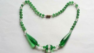 Czech Vintage Art Deco Green And Clear Faceted Glass Bead Necklace 3