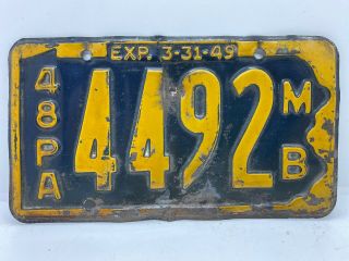 Old Barn Find Vintage Antique Pennsylvania 1948 Motor Boat License Plate 4492 Mb