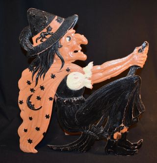 Vtg Germany Halloween Die - Cut Embossed Paper Standing Large Witch Riding Broom