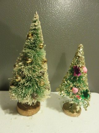 2 Vintage Mica Flock Bottle Brush Christmas Tree W/ Mercury Glass Beads