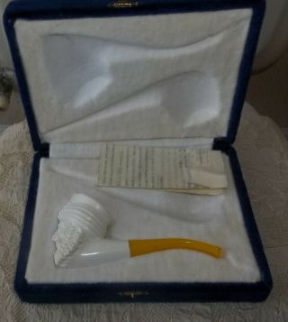 Vintage Meerschaum Hand Carved Pipe In Blue Velvet Case With History