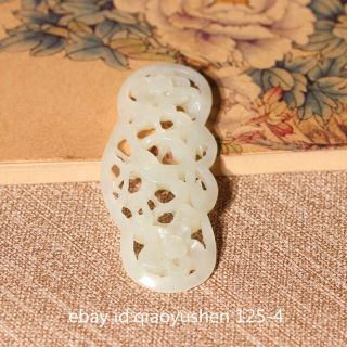 Chinese Hetian Bluish White Jade Hand Carved Flower Bird Hollow Out Pendant喜上眉梢 3
